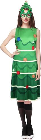Suhine 4 Pieces Christmas Tree Costume Set for Women Xmas Tree Dress Christmas Tree Outfit Glasses Headband Stockings in Saudi Arabia
