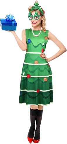 Suhine 4 Pieces Christmas Tree Costume Set for Women Xmas Tree Dress Christmas Tree Outfit Glasses Headband Stockings in Saudi Arabia