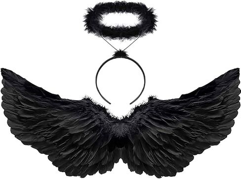 أجنحة KROMPG Black Angel Wings وHalo Black Wings للأطفال، أجنحة سوداء للنساء، أجنحة سوداء للهالوين (صغير) in Kuwait