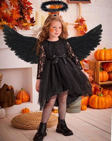 أجنحة KROMPG Black Angel Wings وHalo Black Wings للأطفال، أجنحة سوداء للنساء، أجنحة سوداء للهالوين (صغير) in Kuwait