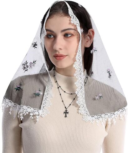 حجاب الكنيسة الكاثوليكية Mantveil للنساء: حجاب كنيسة مانتيلا التقليدي من الدانتيل، أغطية رأس جماعية لاتينية مع مشبك in Kuwait