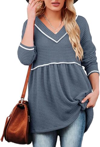 سترة نسائية من Chang Yun برقبة على شكل V وأكمام طويلة بلوفر بيبلوم بيبي دول كاجوال متدفق سوينغ بلايز بلوفر وسترات in Kuwait