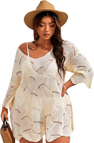 OYOANGLE Women's Plus Size Hollow Out Scoop Neck 3/4 Sleeve Knitted Cover Up Swimsuit Beach Dress in Saudi Arabia