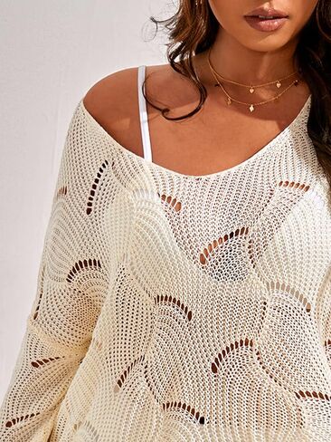 OYOANGLE Women's Plus Size Hollow Out Scoop Neck 3/4 Sleeve Knitted Cover Up Swimsuit Beach Dress in Saudi Arabia