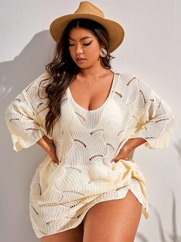 OYOANGLE Women's Plus Size Hollow Out Scoop Neck 3/4 Sleeve Knitted Cover Up Swimsuit Beach Dress in Saudi Arabia