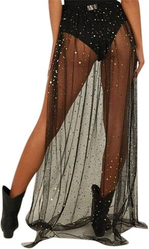 AIBEARTY Women Elastic Waist Mesh Sheer Long Side Slit Maxi Skirts Summer Beach Cover Up in Kuwait