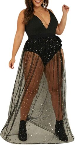 AIBEARTY Women Elastic Waist Mesh Sheer Long Side Slit Maxi Skirts Summer Beach Cover Up in Kuwait