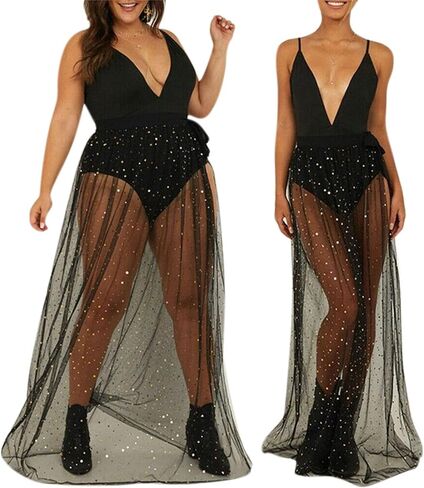 AIBEARTY Women Elastic Waist Mesh Sheer Long Side Slit Maxi Skirts Summer Beach Cover Up in Kuwait