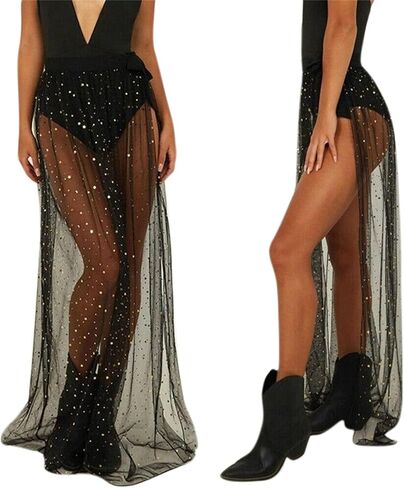 AIBEARTY Women Elastic Waist Mesh Sheer Long Side Slit Maxi Skirts Summer Beach Cover Up in Kuwait