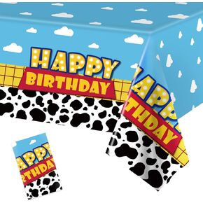 3 Pack Cartoon Story Birthday Party Supplies Cow Pattern Printed Table Cover Blue Sky and White Cloud Tablecloths Cow Birthday Party Decoration for Boy Girl Kid Birthday Party Decor 54 x 108 inch