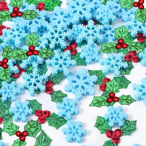 50 Pieces Tiny Resin Snowflake Decorations 100 Pieces Christmas Holly Leaves and Berries Charms, Snow Shaped Christmas Ornaments Confetti Fabric Embellishment for Christmas Tree (Navy Blue)