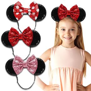 SAMARKAND Minnie Ears Headbands, 3PCS Shiny Sequin Bow - Elastic and Adjustable Headband Headache Free - Mouse Ears For Girls Glitter Minnie Ears for Women