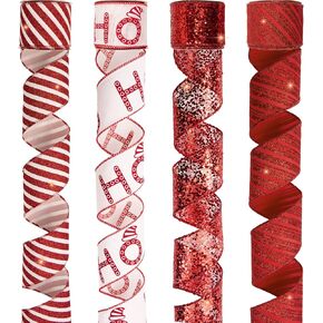 PAPER FAIR 4 Rolls 32 yd Red Green Glitter Christmas Wired Ribbon Set, 2.5 inch x 8yd Polka Dot Satin Burlap Ribbon for Xmas Tree Décor, Gift Wrap Box, Bow, Wreath, Garland, Floral DIY Craft in Kuwait