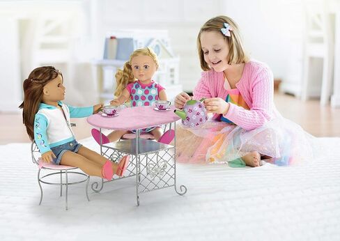 Badger Basket Tea Time Toy Metal Doll Table and Chair Set with Accessories for 18 inch Dolls - Silver/Pink/Multi in Saudi Arabia