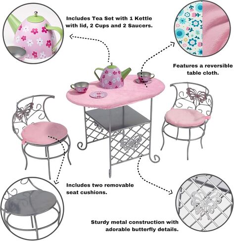 Badger Basket Tea Time Toy Metal Doll Table and Chair Set with Accessories for 18 inch Dolls - Silver/Pink/Multi in Saudi Arabia