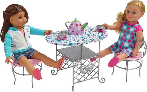 Badger Basket Tea Time Toy Metal Doll Table and Chair Set with Accessories for 18 inch Dolls - Silver/Pink/Multi in Saudi Arabia