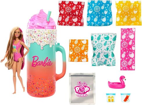 Barbie Pop Reveal Doll & Accessories, Rise & Surprise Fruit Series Gift Set with Scented Doll, Squishy Scented Pet, Color Change, Moldable Sand & More, 15+ Surprises in Saudi Arabia