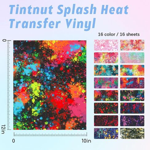 فينيل ناقل للحرارة من Tintnut Splash - 16 ورقة مقاس 10 × 12 بوصة بحبر HTV ألوان مائية على الفينيل لملابس القمصان والقبعات، من أجل Cricut & Silhouette Cameo in Kuwait