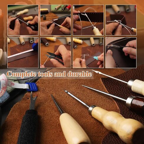 طقم خياطة إصلاح المفروشات الجلدية من TLKKUE، أدوات ولوازم صناعة الجلود، مجموعة عمل جلدية مع خيط مشمع، إبر خياطة شديدة التحمل، كشتبان للأحذية، إصلاح السجاد والأريكة والخياطة in Kuwait