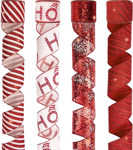 PAPER FAIR 4 Rolls 32 yd Red Green Glitter Christmas Wired Ribbon Set, 2.5 inch x 8yd Polka Dot Satin Burlap Ribbon for Xmas Tree Décor, Gift Wrap Box, Bow, Wreath, Garland, Floral DIY Craft in Kuwait