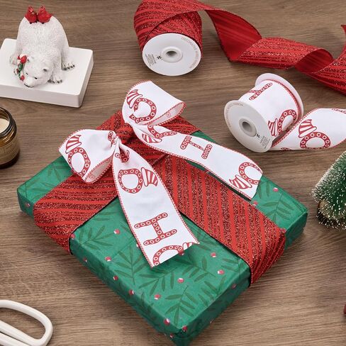 PAPER FAIR 4 Rolls 32 yd Red Green Glitter Christmas Wired Ribbon Set, 2.5 inch x 8yd Polka Dot Satin Burlap Ribbon for Xmas Tree Décor, Gift Wrap Box, Bow, Wreath, Garland, Floral DIY Craft in Kuwait