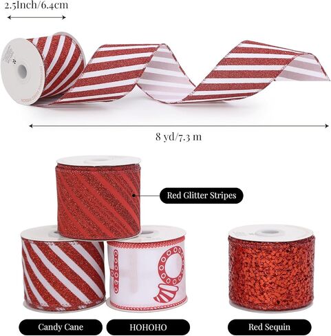 PAPER FAIR 4 Rolls 32 yd Red Green Glitter Christmas Wired Ribbon Set, 2.5 inch x 8yd Polka Dot Satin Burlap Ribbon for Xmas Tree Décor, Gift Wrap Box, Bow, Wreath, Garland, Floral DIY Craft in Kuwait