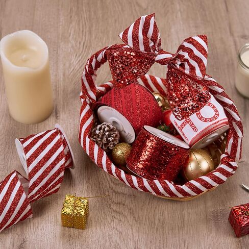 PAPER FAIR 4 Rolls 32 yd Red Green Glitter Christmas Wired Ribbon Set, 2.5 inch x 8yd Polka Dot Satin Burlap Ribbon for Xmas Tree Décor, Gift Wrap Box, Bow, Wreath, Garland, Floral DIY Craft in Kuwait
