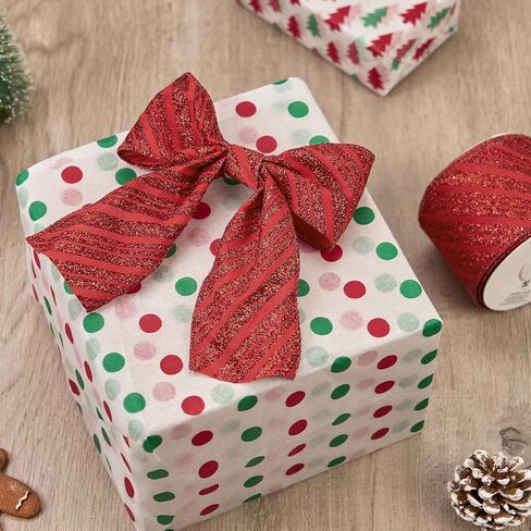PAPER FAIR 4 Rolls 32 yd Red Green Glitter Christmas Wired Ribbon Set, 2.5 inch x 8yd Polka Dot Satin Burlap Ribbon for Xmas Tree Décor, Gift Wrap Box, Bow, Wreath, Garland, Floral DIY Craft in Kuwait