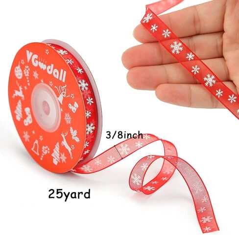 VGOODALL Christmas Ribbons,3/8 Inch by 25 Yards White Snowflake Printing Ribbon for Gift Wrapping,Holiday Decorations in Saudi Arabia