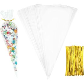 Outus 100 Pieces Christmas Medium Transparent Cone Bags Cello Bags Sweet Clear Treat Bags with 100 Pieces Twist Ties, 11.8 x 6.3 Inch (Gold Twist Ties)