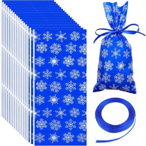 100 Pieces Winter Snowflake Bags Cellophane Holiday Treat Bags Snowflake Cookie Cellophane Bags With Ribbon for Winter Holiday Party Supplies (Blue White Bag with White Ribbon) in Kuwait