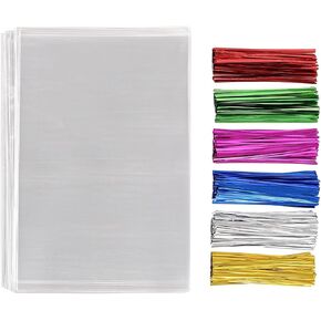 MoloTAR 200 Pcs 10 in x 6 in(1.4mil.) Clear Flat Cello Cellophane Treat Bags Good for Bakery, Cookies, Candies,Dessert with five random color Twist Ties! in Kuwait