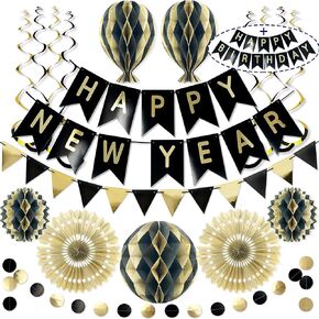 Premium Reusable Happy Birthday Decorations - Black and Gold Birthday Decorations for Women Men - Black Happy Birthday Banner, Honeycomb Decorations, Streamers (Paper Black & Gold Party Decorations)