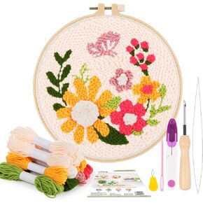 Pllieay Punch Needle Embroidery Starter Kits for Kids and Adults Beginners, Include Instructions, Punch Needle Fabric with Floral Pattern, Yarns, Embroidery Hoops and Threader Tools in Saudi Arabia