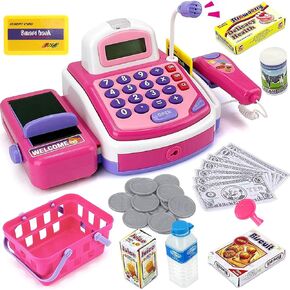 Pretend Play Pink Cash Register Toy - Learn & Play Shopping Kids Toys with Electronic Mic, Scanner, Calculator, Play Food, Fake Money and Basket in Saudi Arabia