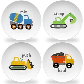Tiny Expressions – Construction Truck Plates for Kids with Colorful Vehicles | Set of 4 Melamine Dishes for Children
