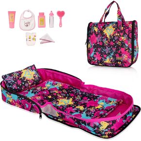 Baby Doll Bed - Portable Doll Bassinet - for Baby Dolls up to 21 inches - Handbag for Girl - Baby Doll Set - Pink Roses