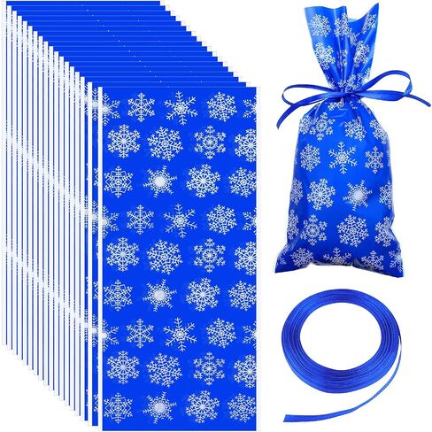 100 Pieces Winter Snowflake Bags Cellophane Holiday Treat Bags Snowflake Cookie Cellophane Bags With Ribbon for Winter Holiday Party Supplies (Blue White Bag with White Ribbon) in Kuwait