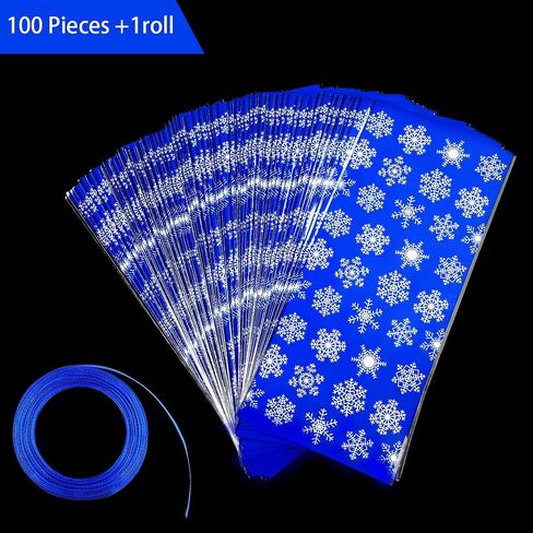 100 Pieces Winter Snowflake Bags Cellophane Holiday Treat Bags Snowflake Cookie Cellophane Bags With Ribbon for Winter Holiday Party Supplies (Blue White Bag with White Ribbon) in Kuwait