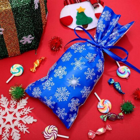 100 Pieces Winter Snowflake Bags Cellophane Holiday Treat Bags Snowflake Cookie Cellophane Bags With Ribbon for Winter Holiday Party Supplies (Blue White Bag with White Ribbon) in Kuwait