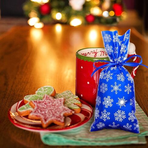 100 Pieces Winter Snowflake Bags Cellophane Holiday Treat Bags Snowflake Cookie Cellophane Bags With Ribbon for Winter Holiday Party Supplies (Blue White Bag with White Ribbon) in Kuwait