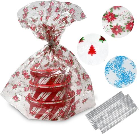 Gift Boutique Plastic Jumbo Christmas Cello Basket Bags, Christmas Cookie Tray Bags Pack of 12 Holiday Goody Party Favor Wrapping Bags 22" x 25" in Saudi Arabia