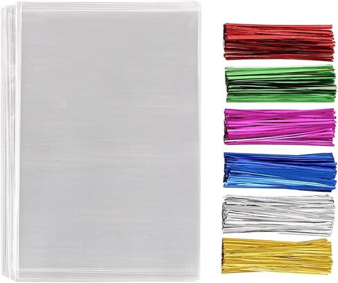 MoloTAR 200 Pcs 10 in x 6 in(1.4mil.) Clear Flat Cello Cellophane Treat Bags Good for Bakery, Cookies, Candies,Dessert with five random color Twist Ties! in Kuwait