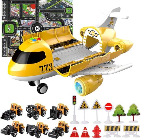 Hapavis Airplane Toys with Construction Truck Engineering Vehicle Play Mat Road Sign Transport Cargo Airplane Car Toy Play Set with Vehicle Car Toy for Boys Kids in Kuwait