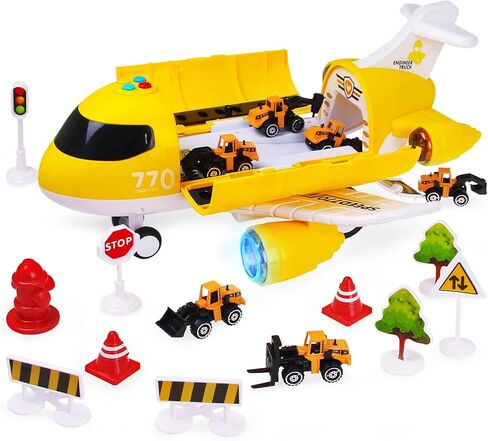 Hapavis Airplane Toys with Construction Truck Engineering Vehicle Play Mat Road Sign Transport Cargo Airplane Car Toy Play Set with Vehicle Car Toy for Boys Kids in Kuwait