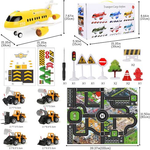 Hapavis Airplane Toys with Construction Truck Engineering Vehicle Play Mat Road Sign Transport Cargo Airplane Car Toy Play Set with Vehicle Car Toy for Boys Kids in Kuwait