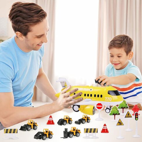 Hapavis Airplane Toys with Construction Truck Engineering Vehicle Play Mat Road Sign Transport Cargo Airplane Car Toy Play Set with Vehicle Car Toy for Boys Kids in Kuwait