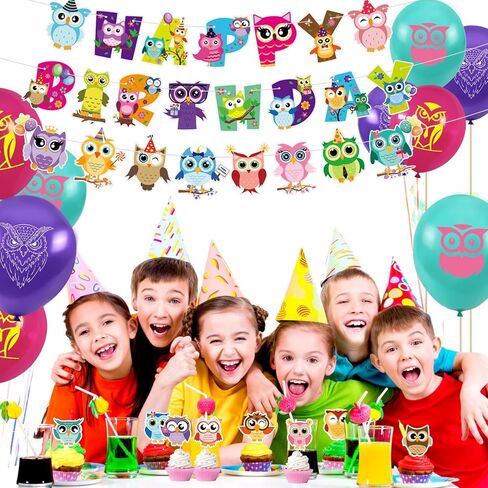 زينة حفلات عيد ميلاد البومة الصغيرة، لوازم حفلات الغابة البومة مع لافتة عيد ميلاد، غطاء طاولة، أغطية الكيك، بالونات لأعياد ميلاد الأطفال وحفلات الغابة وحفلات حيوانات الغابة in Kuwait