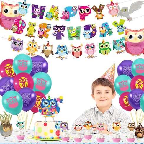 زينة حفلات عيد ميلاد البومة الصغيرة، لوازم حفلات الغابة البومة مع لافتة عيد ميلاد، غطاء طاولة، أغطية الكيك، بالونات لأعياد ميلاد الأطفال وحفلات الغابة وحفلات حيوانات الغابة in Kuwait