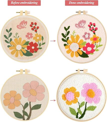 Pllieay Punch Needle Embroidery Starter Kits for Kids and Adults Beginners, Include Instructions, Punch Needle Fabric with Floral Pattern, Yarns, Embroidery Hoops and Threader Tools in Saudi Arabia